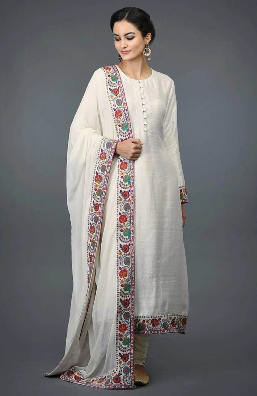 Ivory White Floral Thread Work Kurta Churidar Set with Embroidered Dupatta
